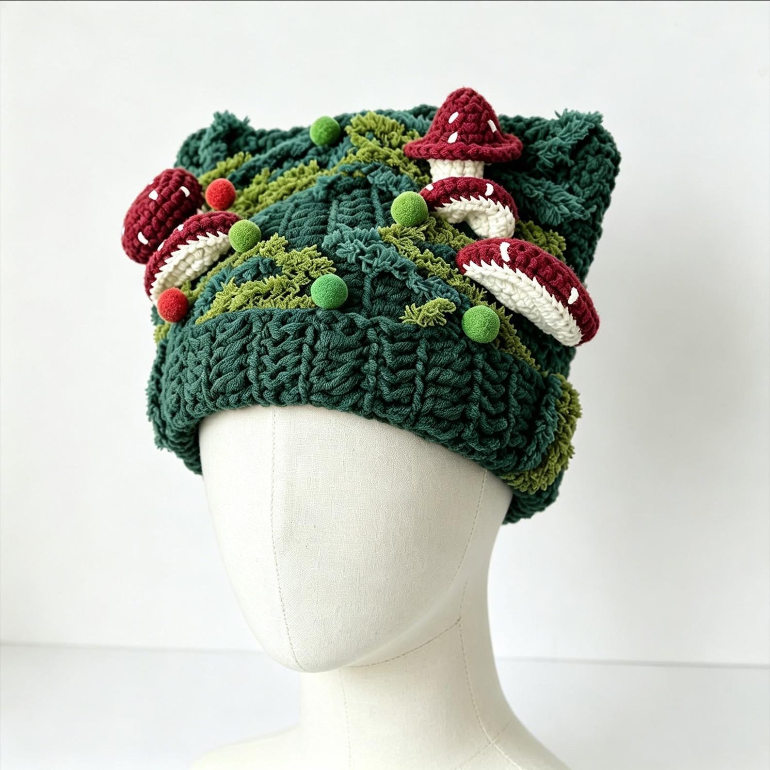Dark Green & Burgundy Mushroom Beanie — Chunky Woodland Hand-Crochet Hat