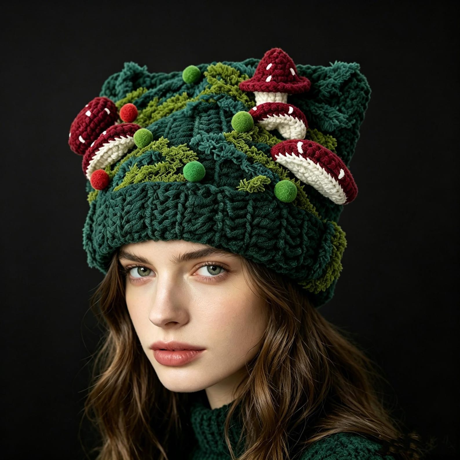 Dark Green & Burgundy Mushroom Beanie — Chunky Woodland Hand-Crochet Hat