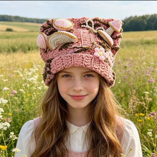 3D Mushroom Beanie — Cottagecore Hand-Crochet Hat with Flowers & Pearl