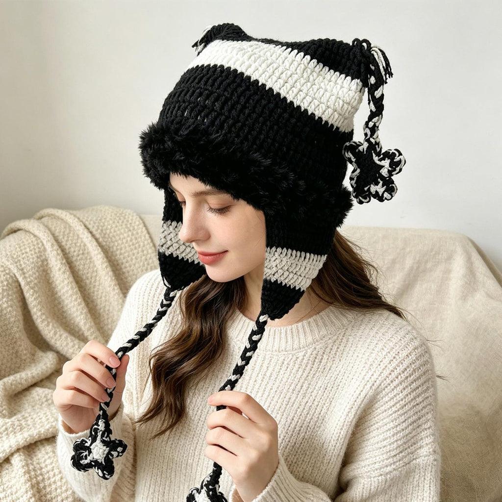 Black + White Cat Ear Beanie — Punk Y2K Hand-Crochet Faux-Fur Earflap Hat