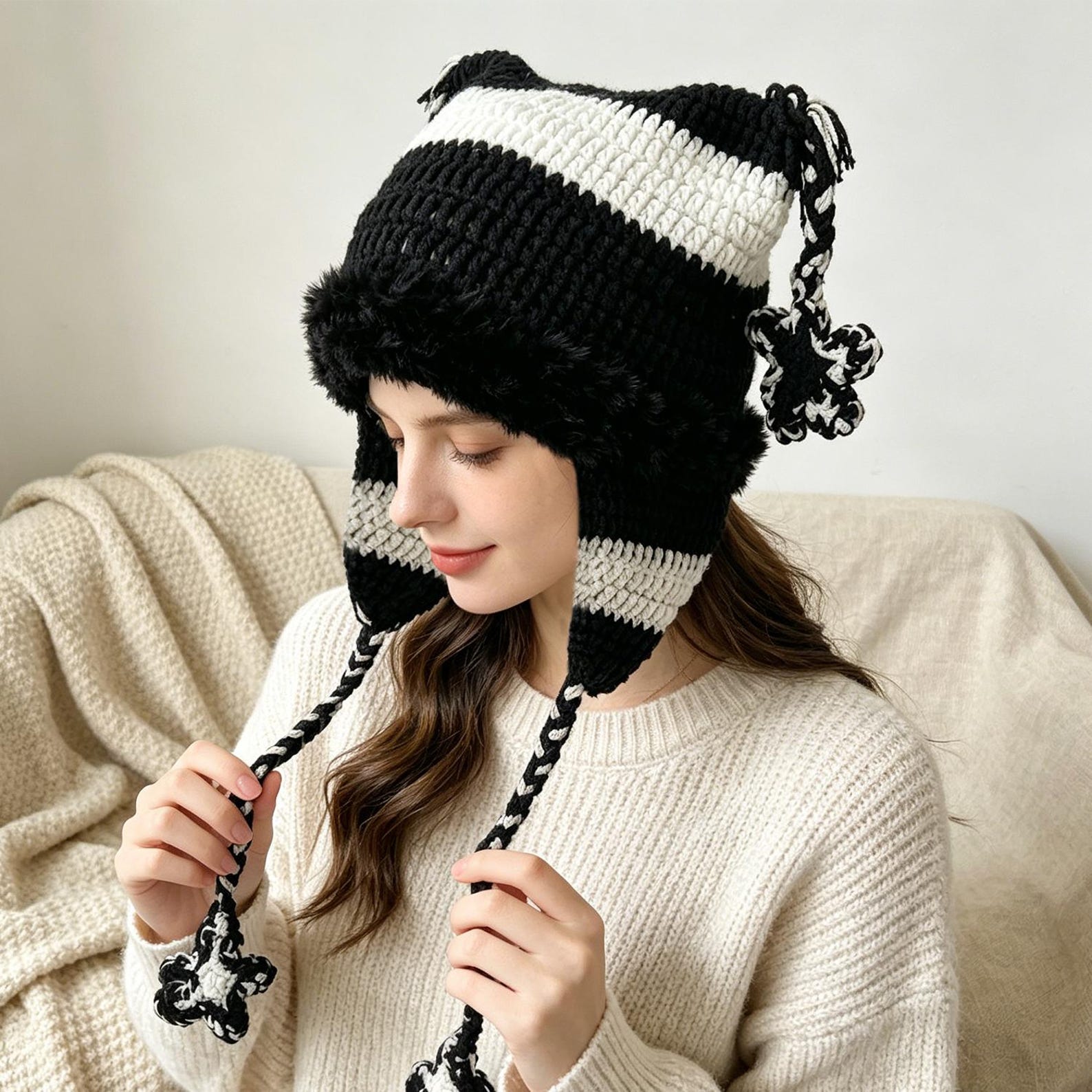 Black + White Cat Ear Beanie — Punk Y2K Hand-Crochet Faux-Fur Earflap Hat