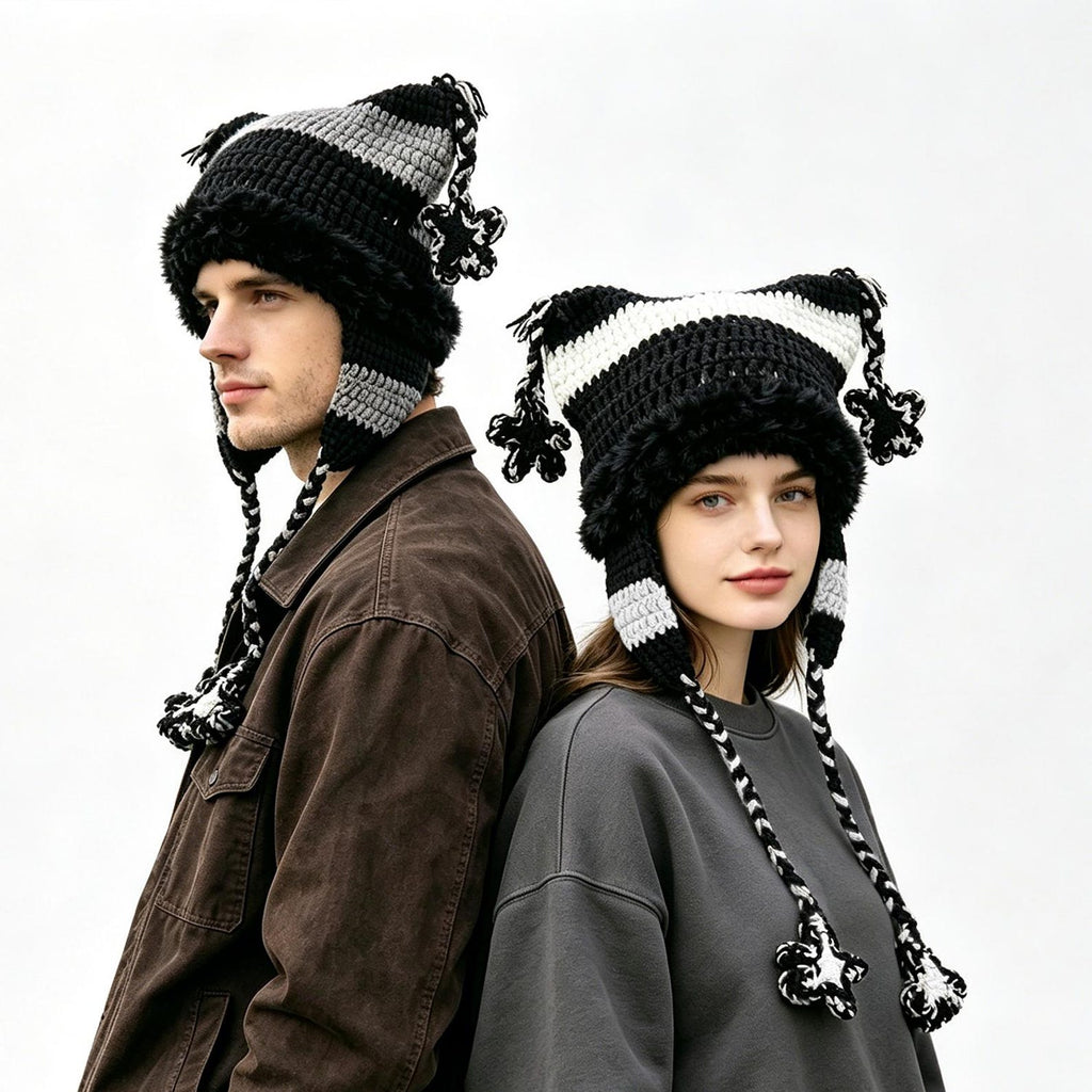 Cat Ear Beanie — Punk Y2K Hand-Crochet Faux-Fur Earflap Hat