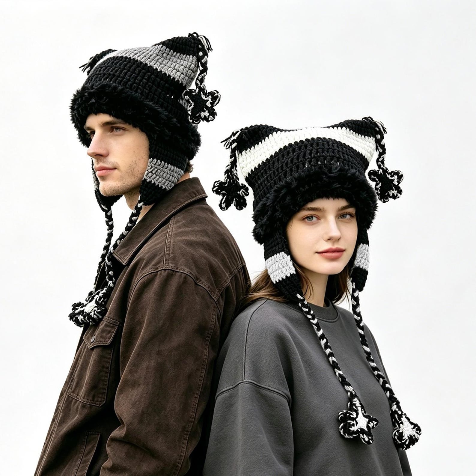 Cat Ear Beanie — Punk Y2K Hand-Crochet Faux-Fur Earflap Hat