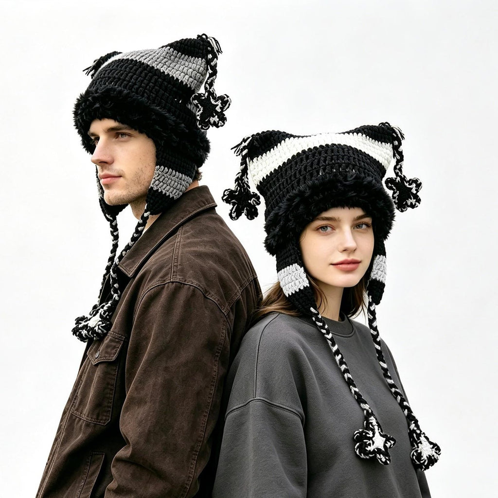 Brown + Caramel Cat Ear Beanie — Punk Y2K Hand-Crochet Faux-Fur Earflap Hat