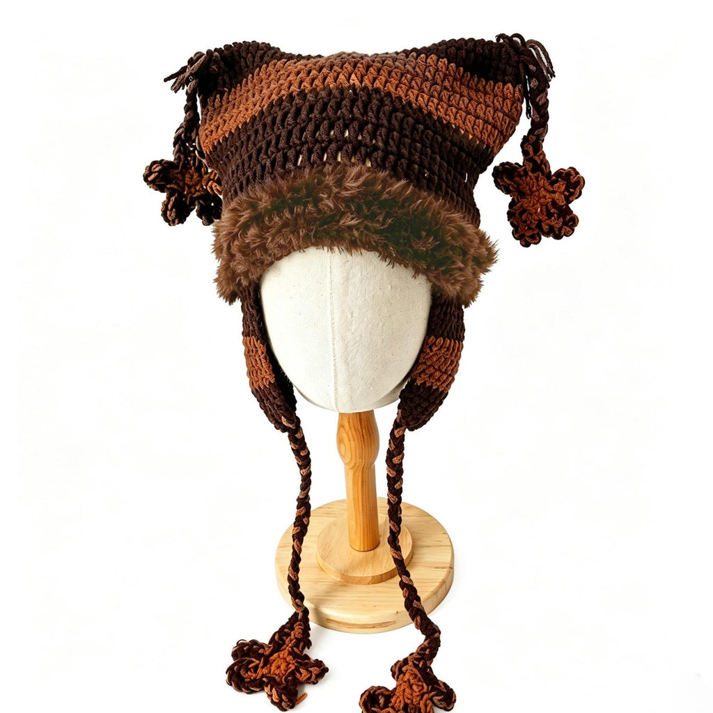 Cat Ear Beanie — Punk Y2K Hand-Crochet Faux-Fur Earflap Hat