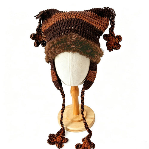 Cat Ear Beanie — Punk Y2K Hand-Crochet Faux-Fur Earflap Hat