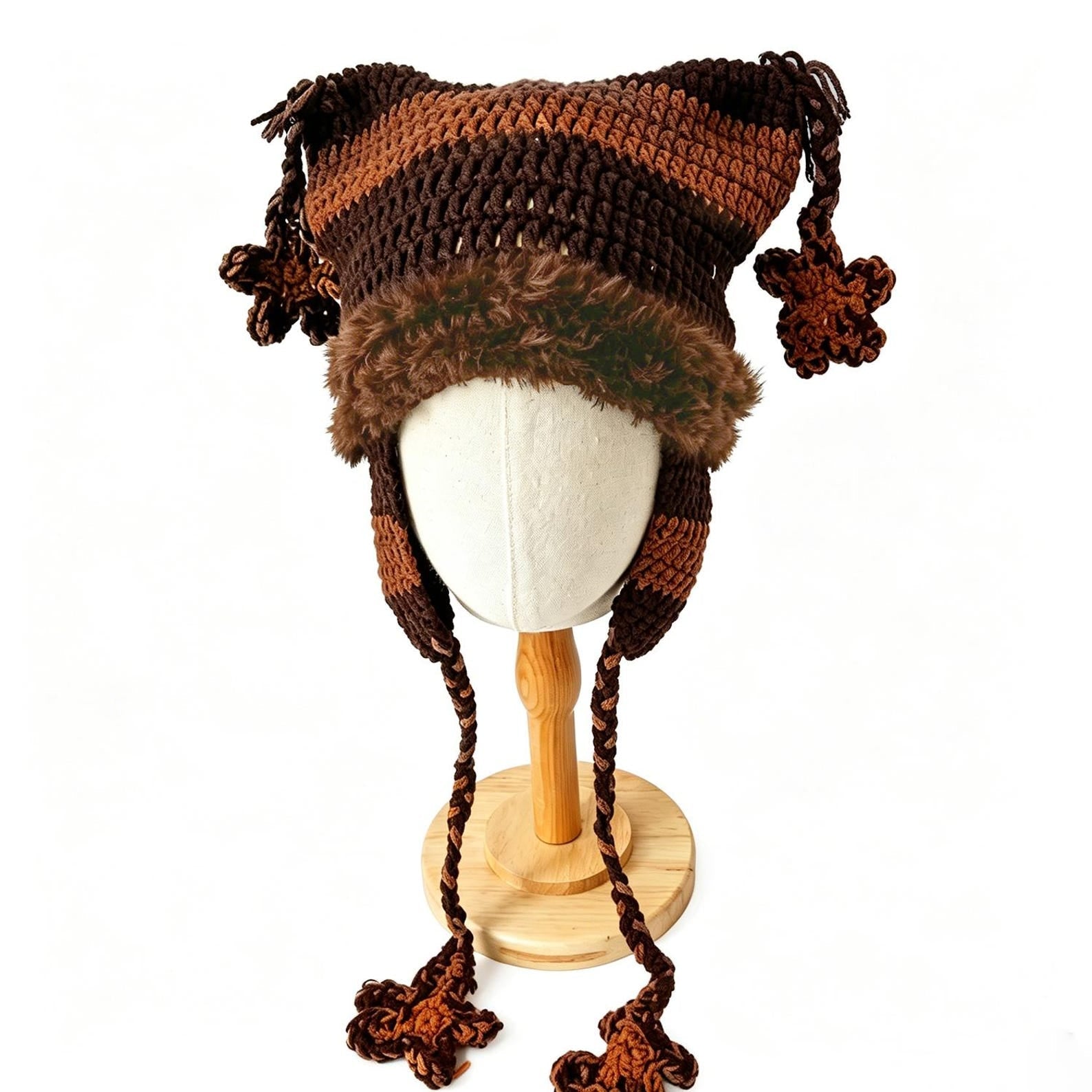Brown + Caramel Cat Ear Beanie — Punk Y2K Hand-Crochet Faux-Fur Earflap Hat
