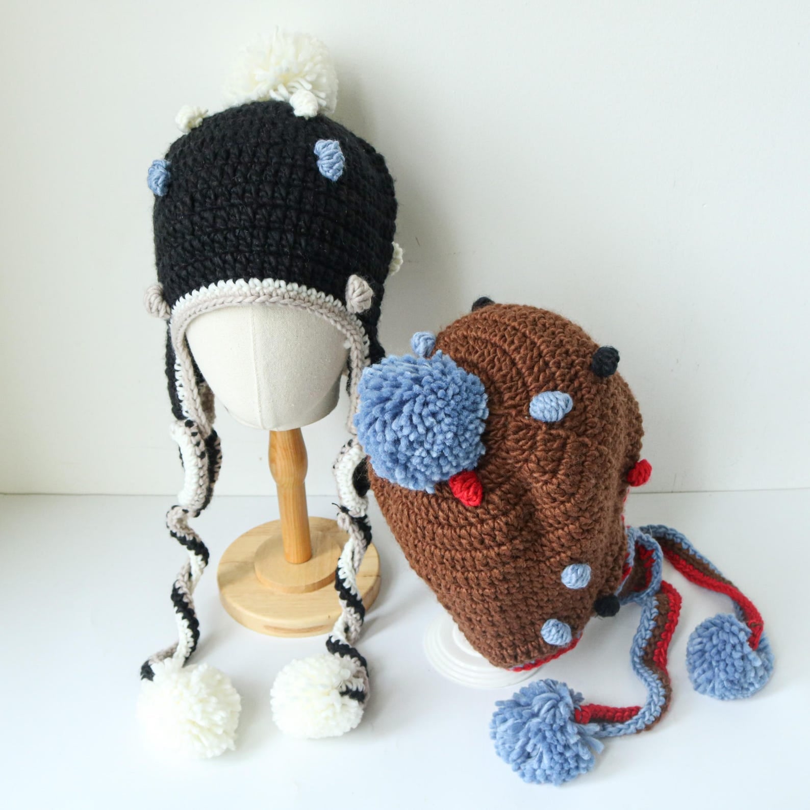 Brown Bear Ear Earflap Beanie — Hand-Crochet Pom-Pom Hat