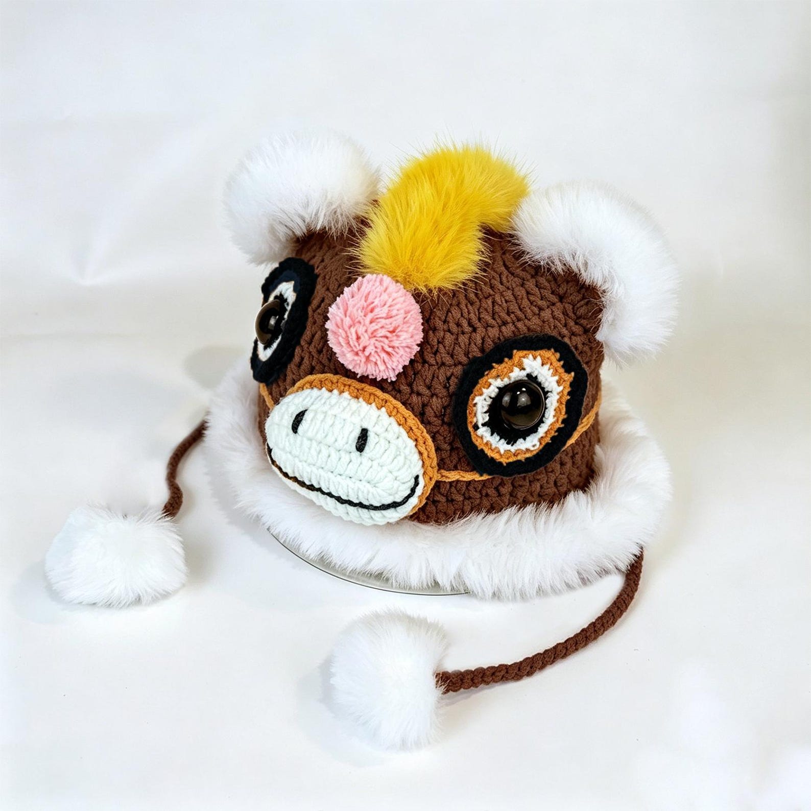 Brown Horse Beanie — Hand-Crochet Faux-Fur Earflap Hat