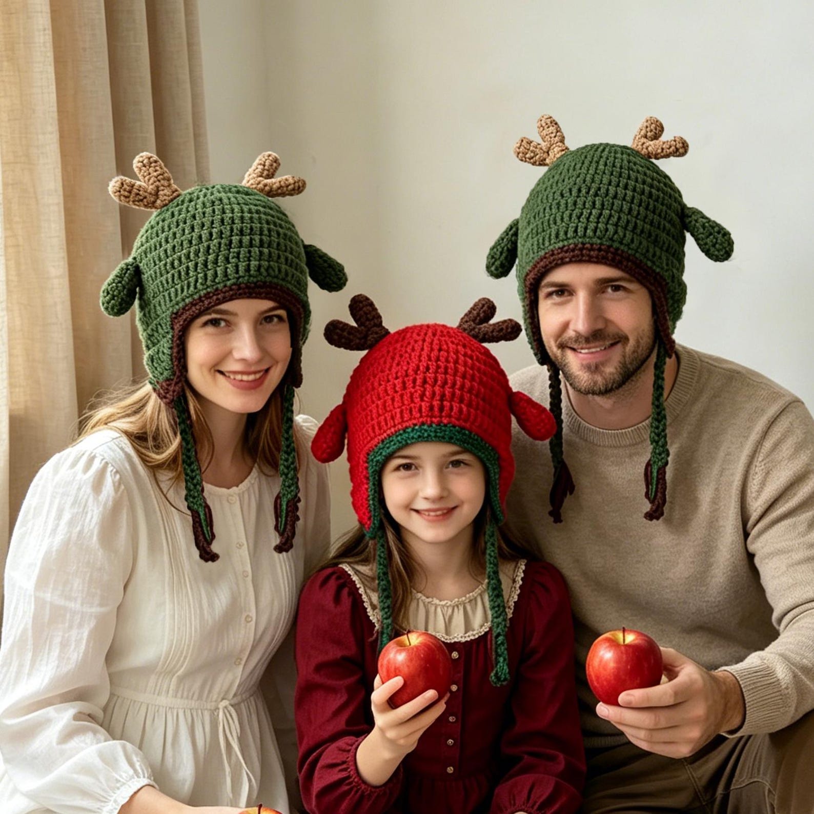 Red Reindeer Earflap Beanie — Hand-Crochet Family Matching Hat