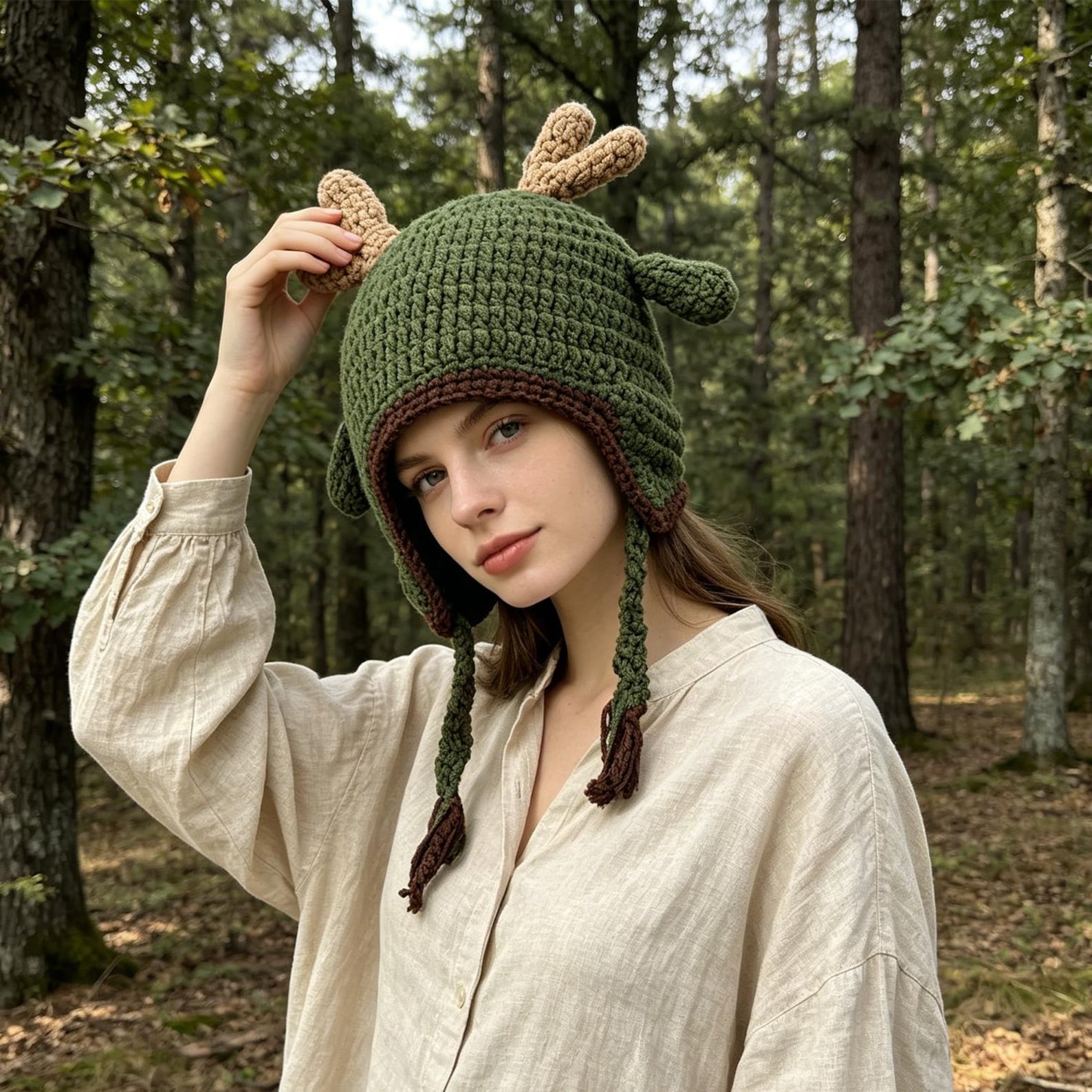 Olive Reindeer Earflap Beanie — Hand-Crochet Family Matching Hat