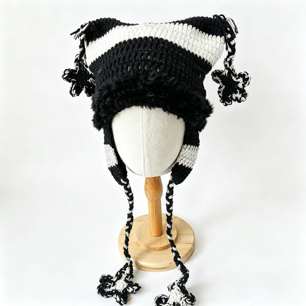 Black + White Cat Ear Beanie — Punk Y2K Hand-Crochet Faux-Fur Earflap Hat
