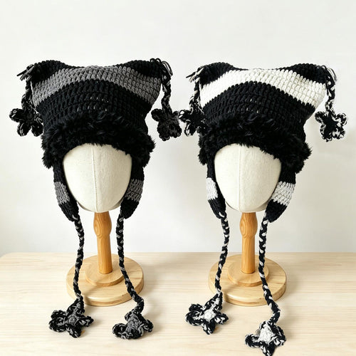 Cat Ear Beanie — Punk Y2K Hand-Crochet Faux-Fur Earflap Hat