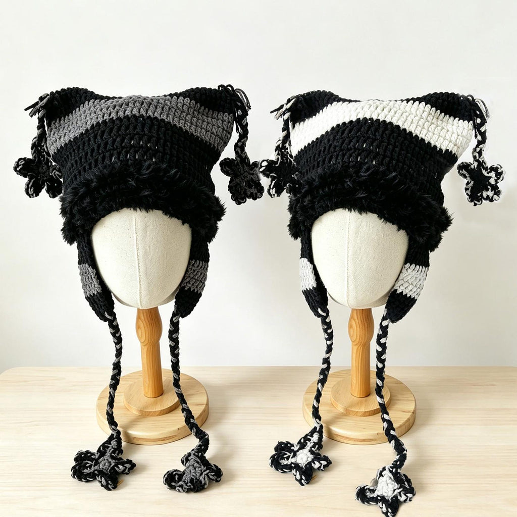 Black + White Cat Ear Beanie — Punk Y2K Hand-Crochet Faux-Fur Earflap Hat