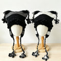 Black + White Cat Ear Beanie — Punk Y2K Hand-Crochet Faux-Fur Earflap Hat