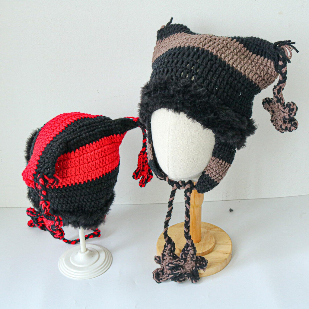 Brown + Caramel Cat Ear Beanie — Punk Y2K Hand-Crochet Faux-Fur Earflap Hat