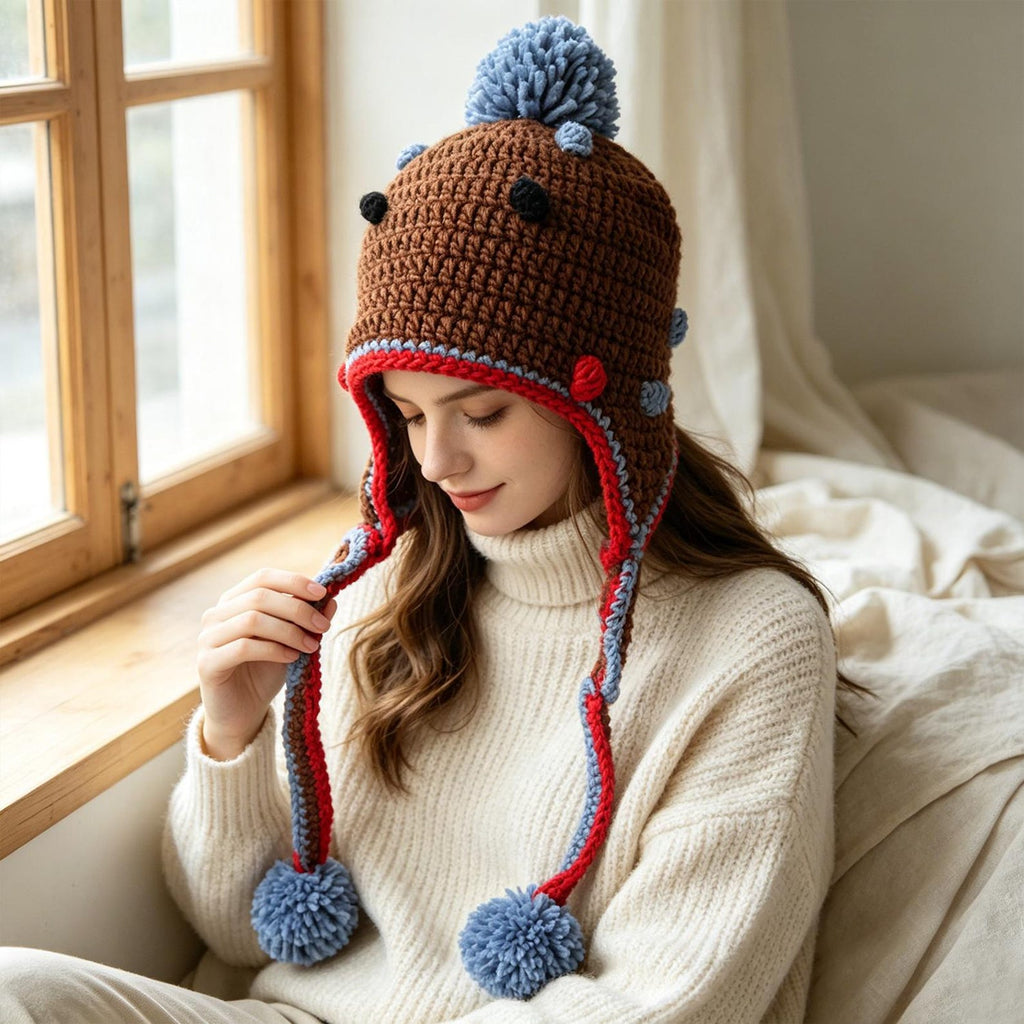 Bear Ear Earflap Beanie — Hand-Crochet Pom-Pom Hat