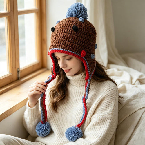 Bear Ear Earflap Beanie — Hand-Crochet Pom-Pom Hat