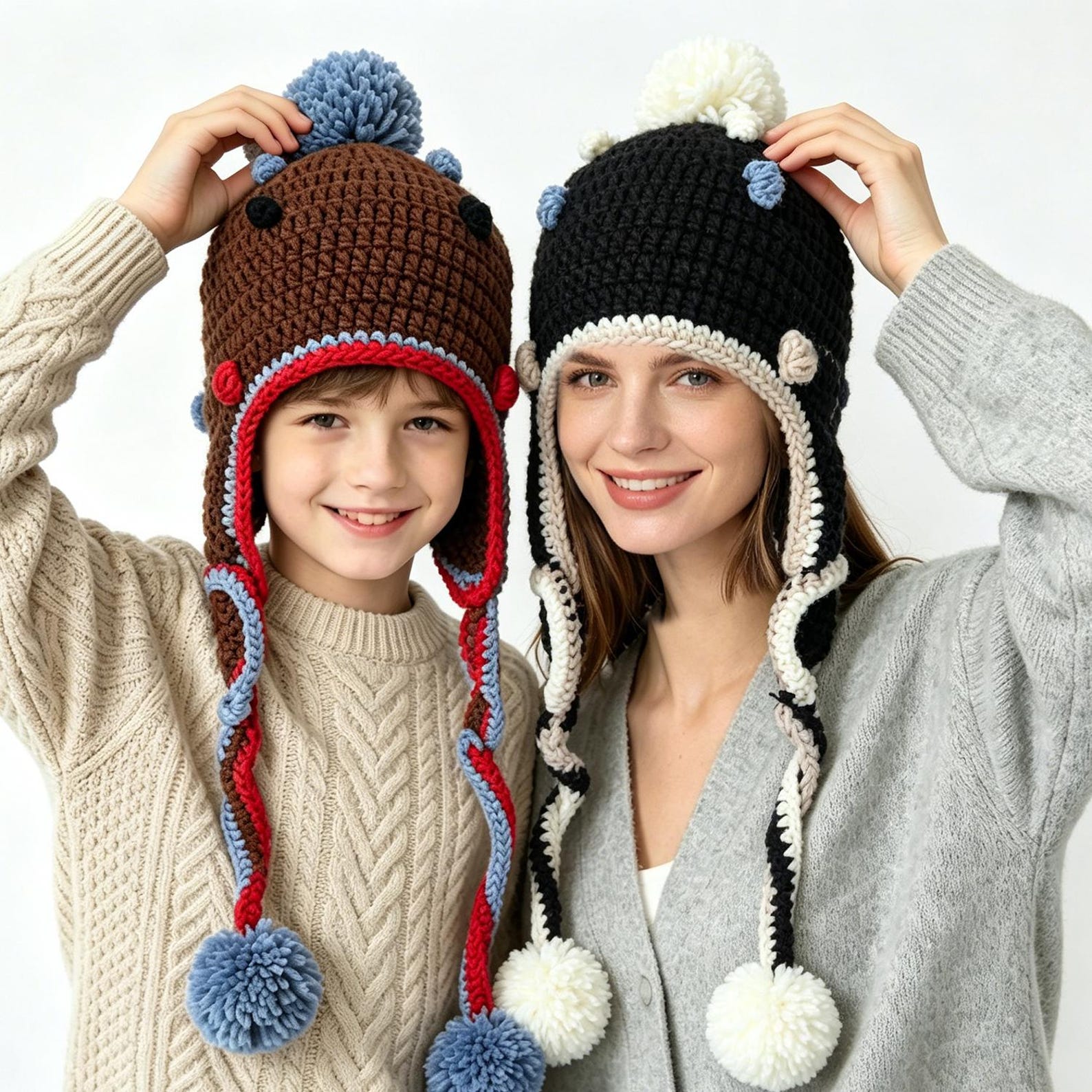 Black Bear Ear Earflap Beanie — Hand-Crochet Pom-Pom Hat