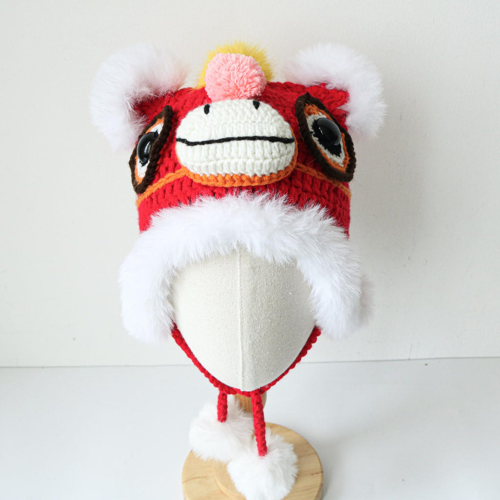 Red Horse Beanie — Hand-Crochet Faux-Fur Earflap Hat