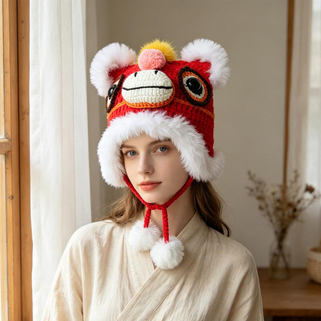 Red Horse Beanie — Hand-Crochet Faux-Fur Earflap Hat